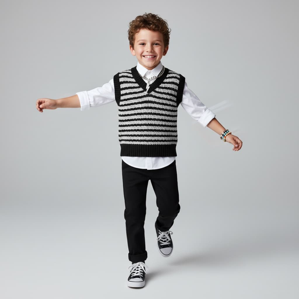 Black And White Striped Sweater Vest, Black Pants, And Accessories With Playful Eyes.