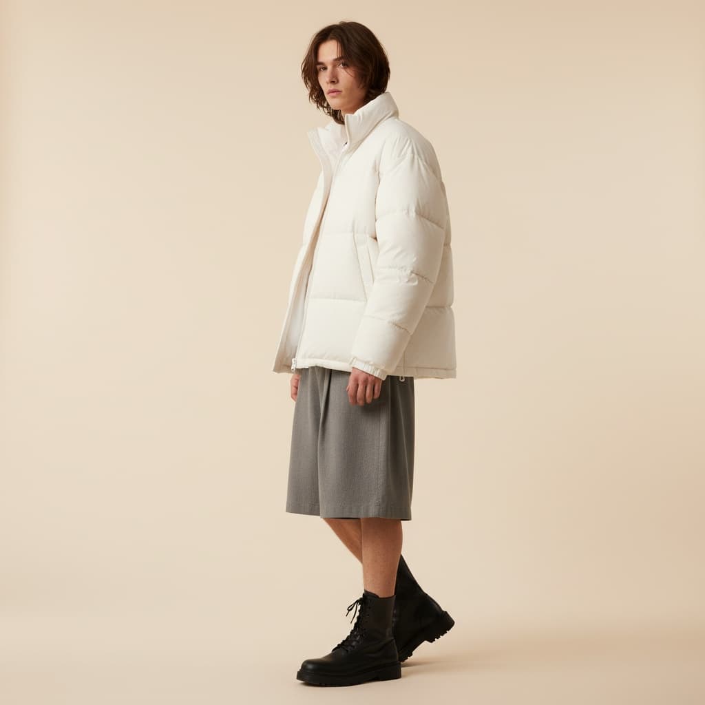 White Puffer Jacket With Grey Loose Shorts And Black Boots.