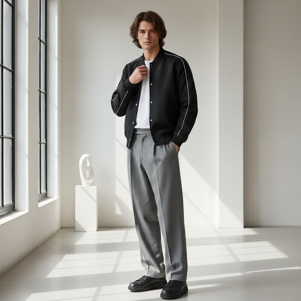 Black Bomber Jacket With White Piping, Grey Loose Trousers, And Black Chunky Shoes.