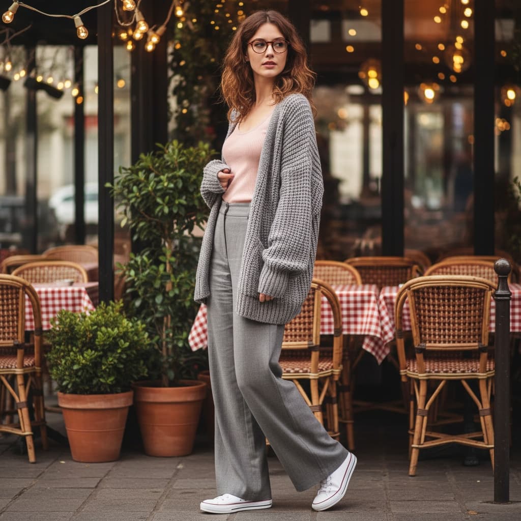 Gray Cardigan Over A Pink Top, Gray Wide-Leg Pants, And White Sneakers.