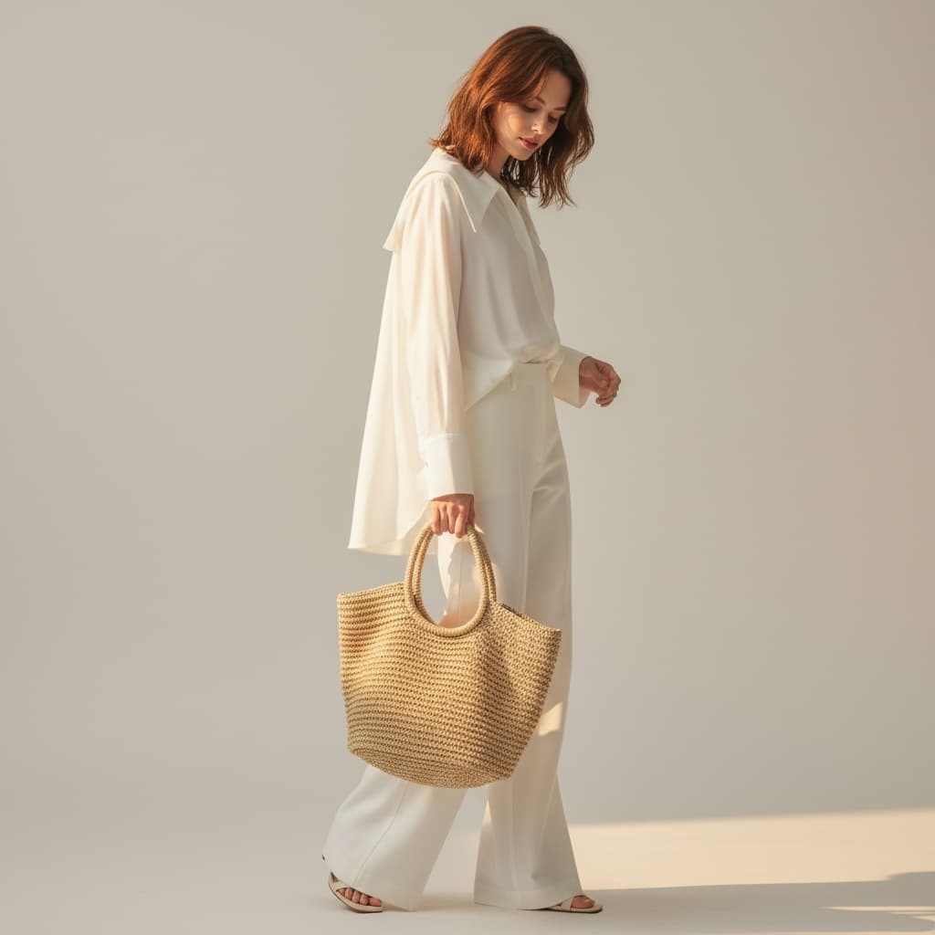White Long-Sleeve Shirt, White Wide-Leg Pants, Carrying A Woven Tote Bag.