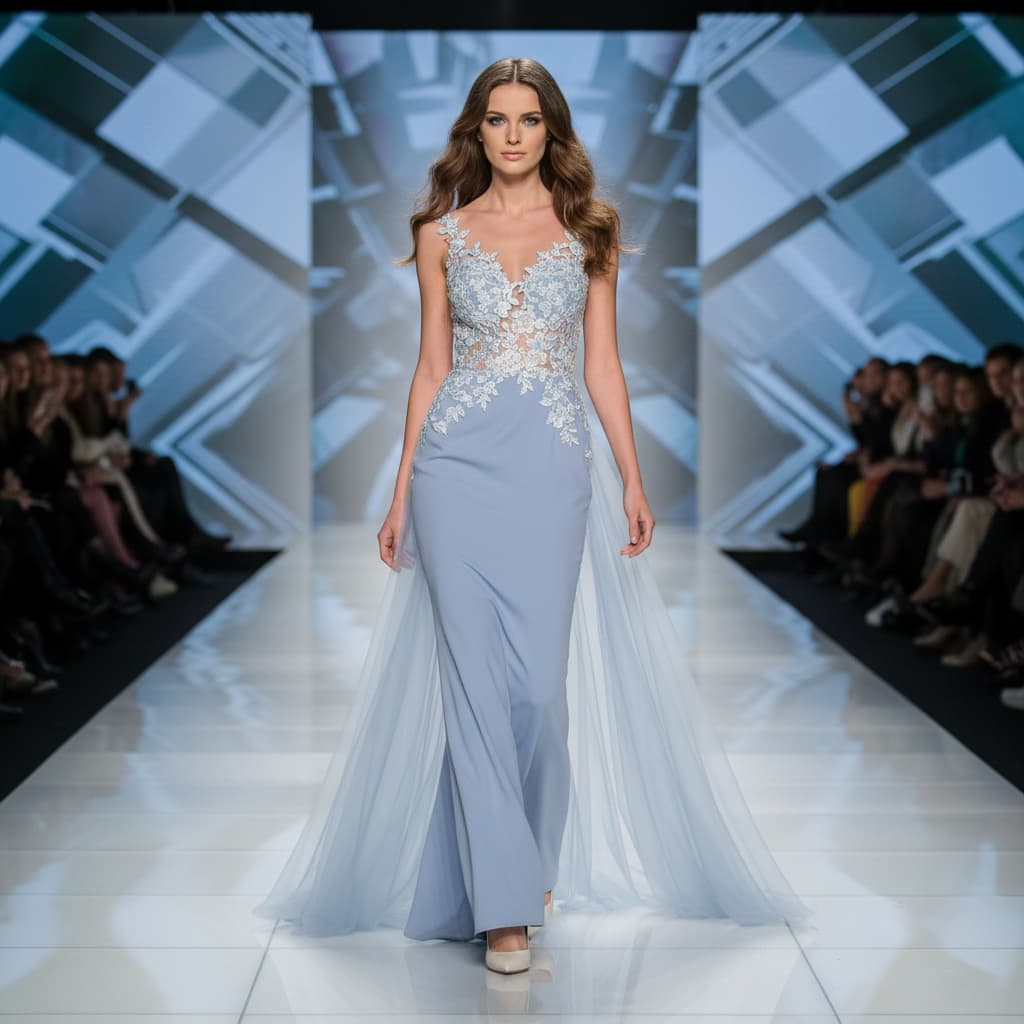 Sleeveless Form-Fitting Light Blue Gown With Lace Embroidery And Tulle Train, Paired With Off-White Heeled Shoes.