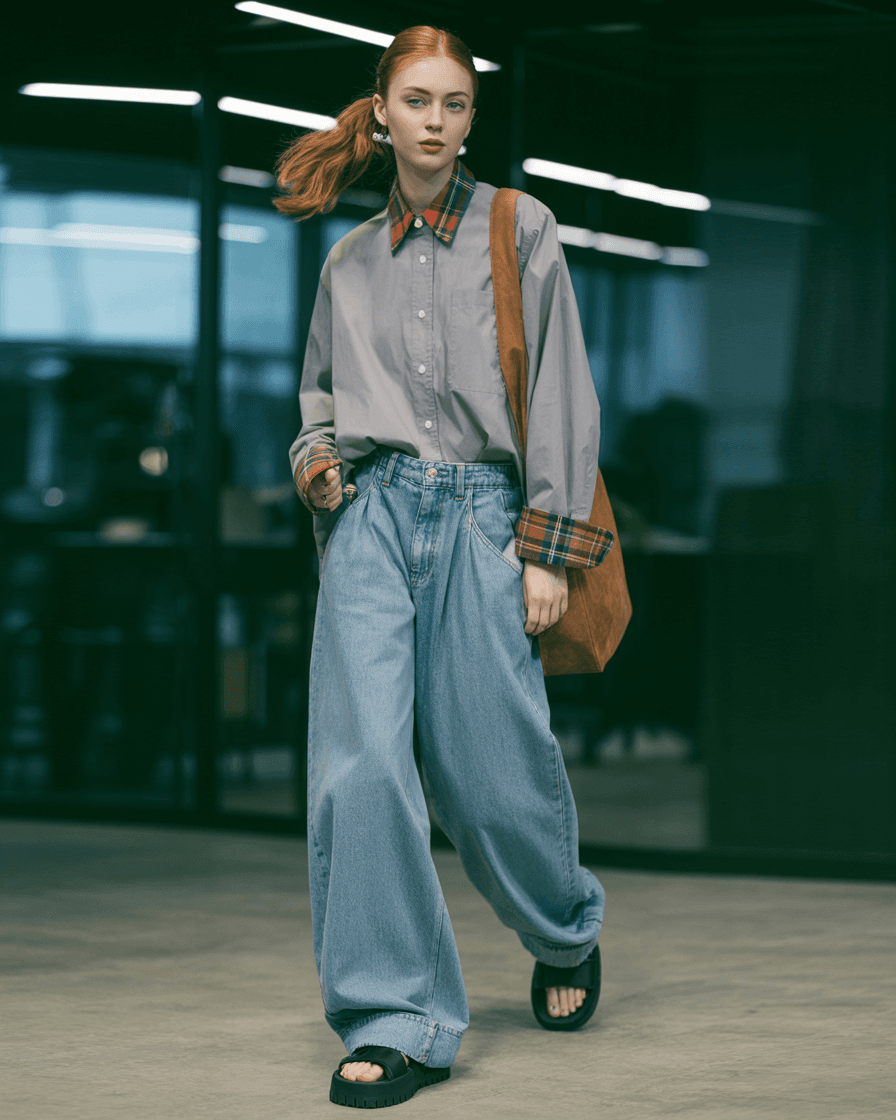 Gray Shirt With Plaid Collar, Baggy Blue Jeans, Black Sandals, And A Brown Bag.
