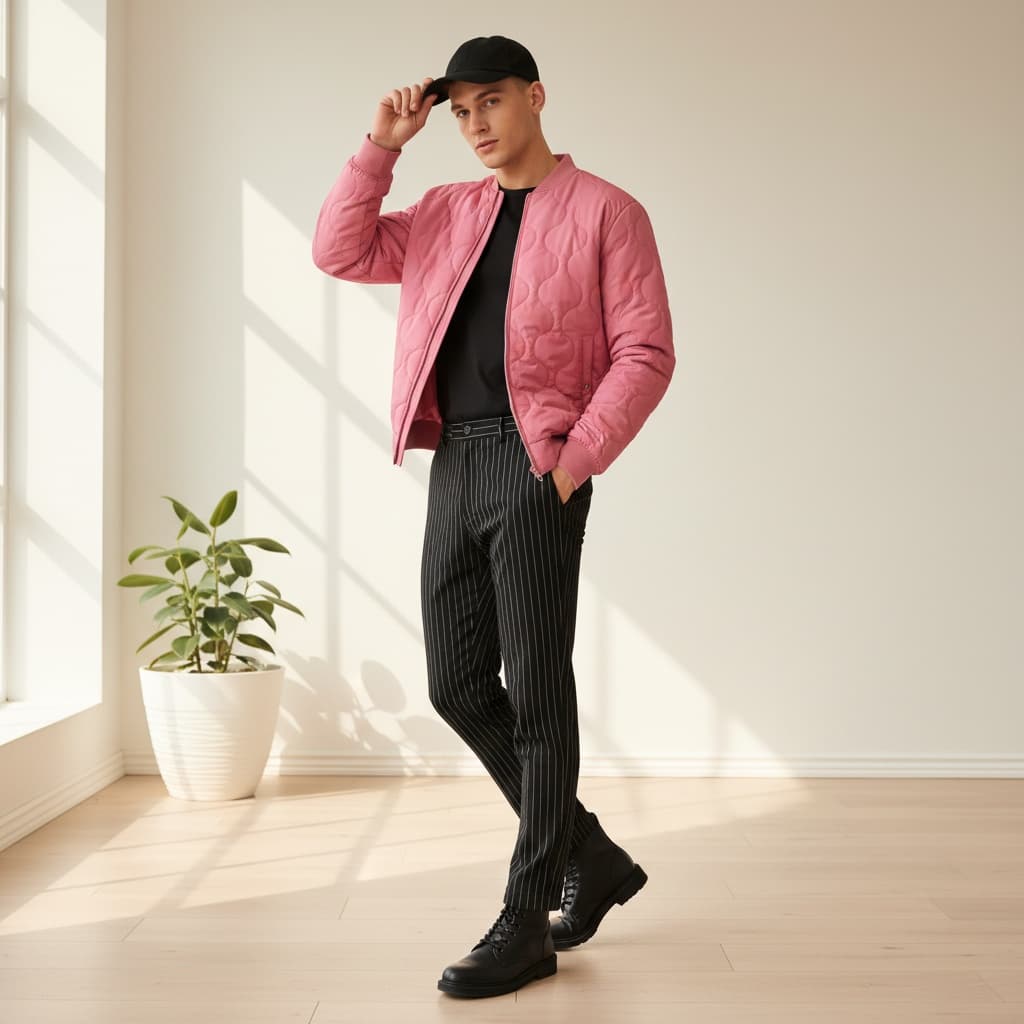 Black Zip-Up Jacket With White Detailing, Gray Pants, Black Shoes, And A Black Bag.