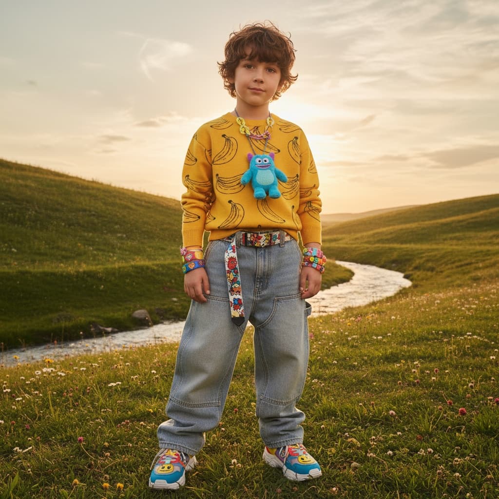 Yellow Sweater With Banana Print, Oversized Denim Pants, And Cartoon Character Accessories.