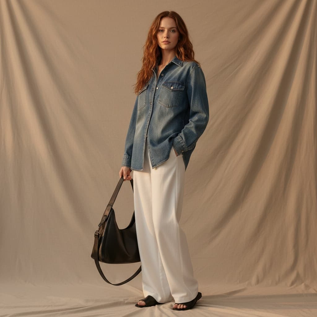 Denim Shirt, White Wide-Leg Pants, Black Tote Bag, And Sandals.