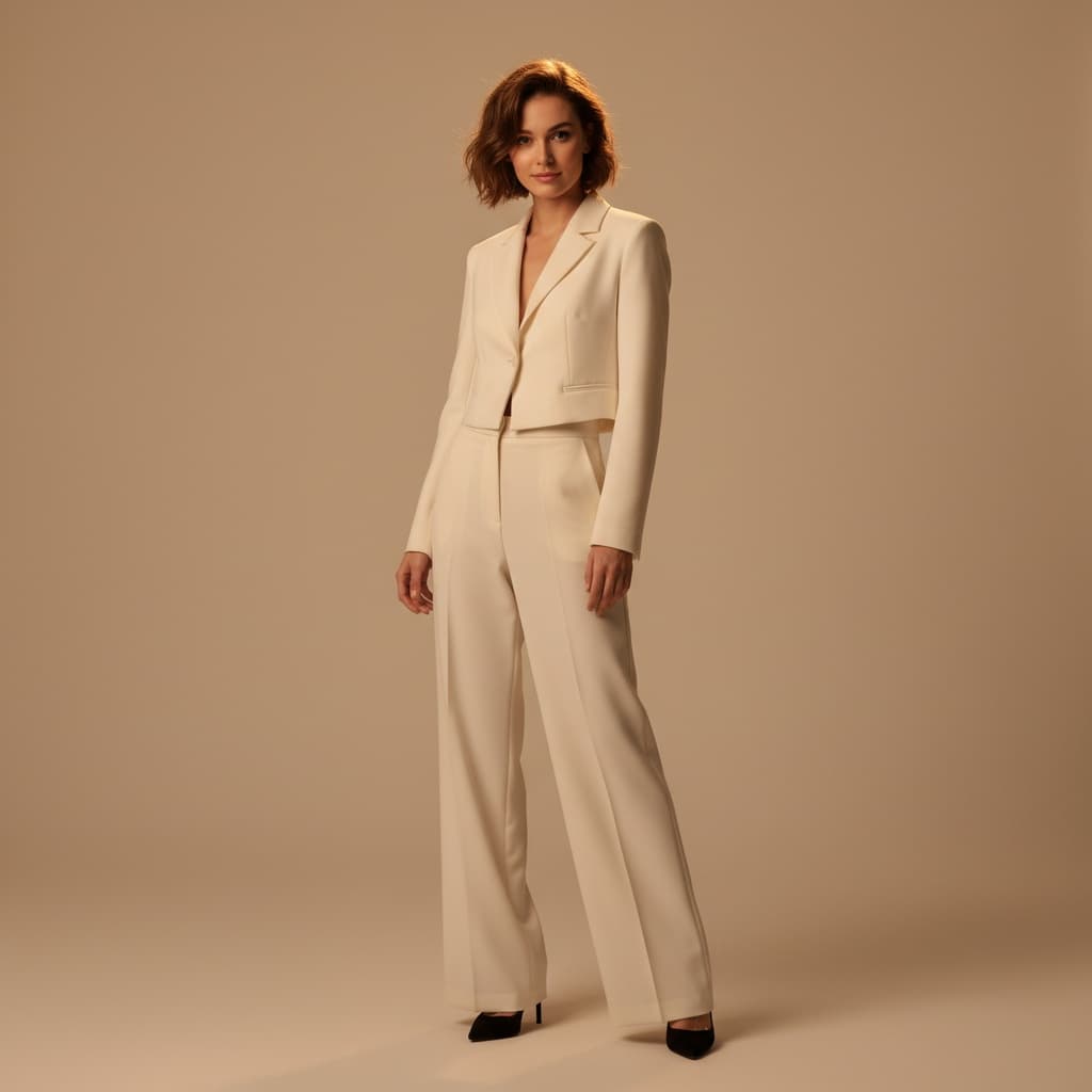 White Tailored Suit With A Cropped Blazer, Wide-Leg Pants, And Black Heels.