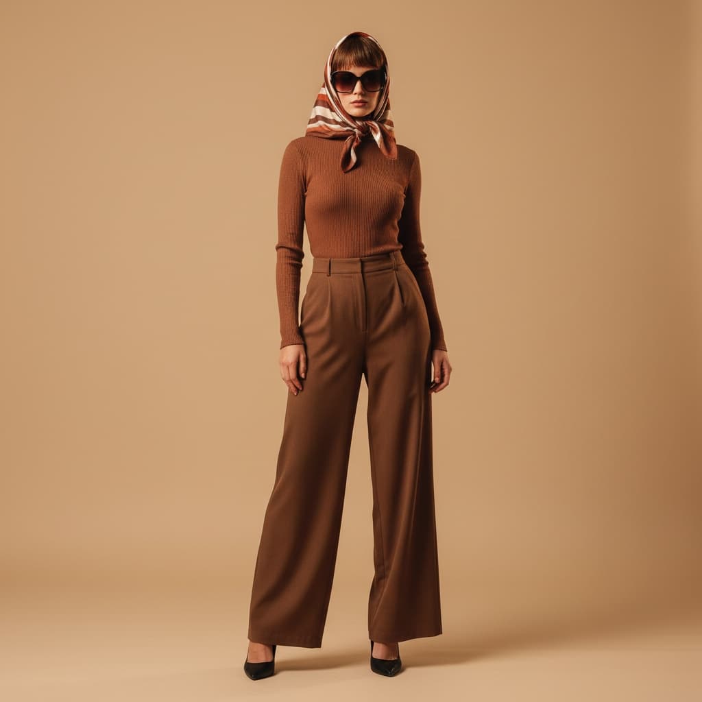 Brown Long-Sleeve Top, Brown Wide-Leg Pants, Black Heels, And Sunglasses.