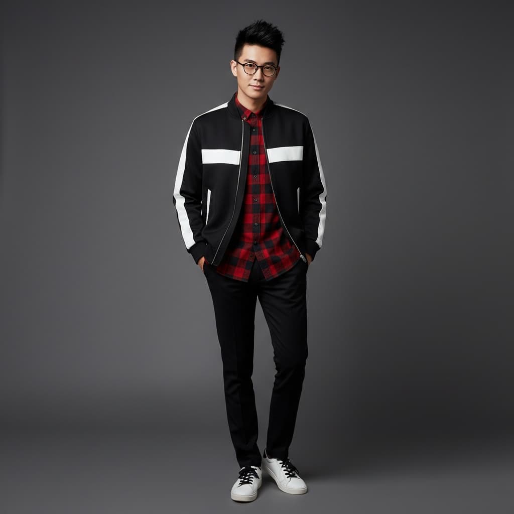 Black Jacket With White Detailing, Plaid Shirt Underneath, Black Trousers, And White Sneakers.
