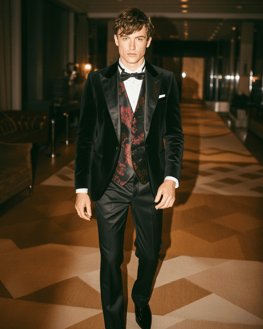 Black Velvet Tuxedo With An Embroidered Floral Vest And Black Pants, Paired With Black Shoes.