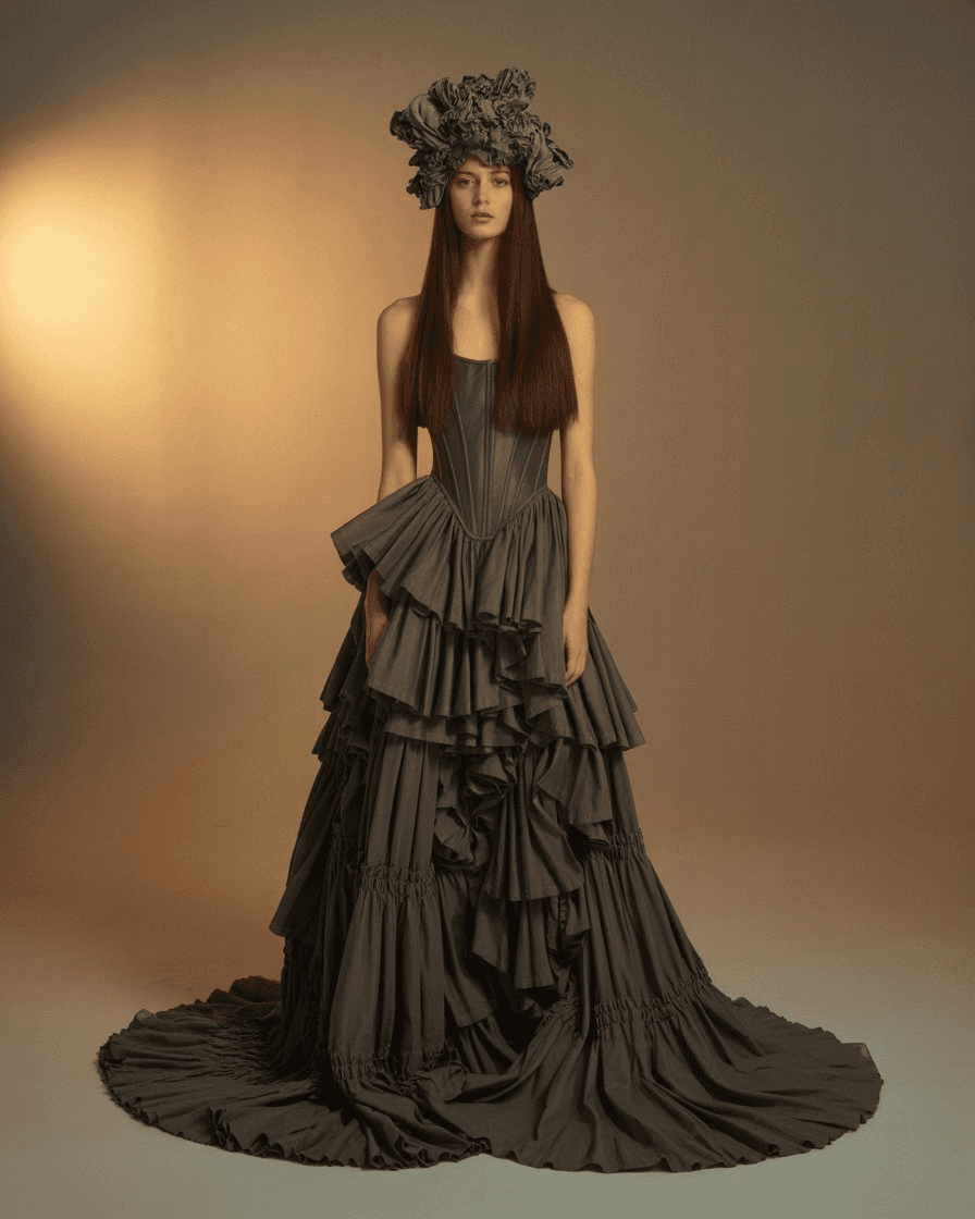 Floor-Length Charcoal Grey Ruffled Gown With A Corset Bodice, Dense Layered Flounces, And A Dramatic Sculptural Headpiece Made From Mixed Fabrics
