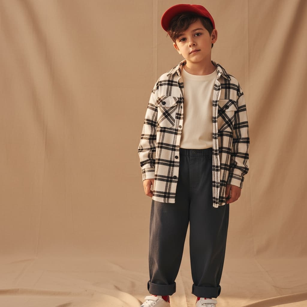 Oversized White Plaid Shirt Layered Over A Plain Tee, Paired With Dark Trousers And A Red Cap For A Relaxed Coffee-Shop Casual Outfit