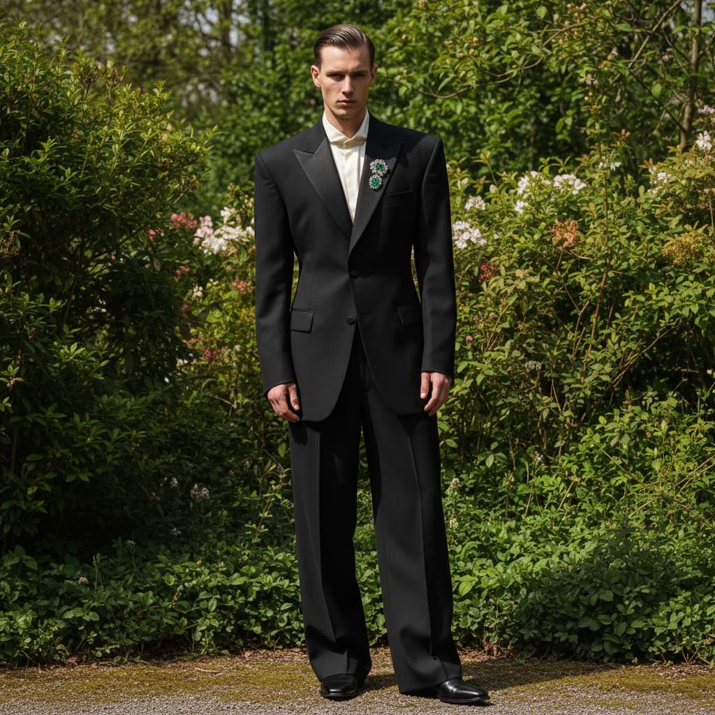 Black Oversized Tailored Suit With Structured Shoulders, Cream Satin High-Neck Shirt, Jeweled Brooch, And Wide Trousers Styled With Black Formal Shoes