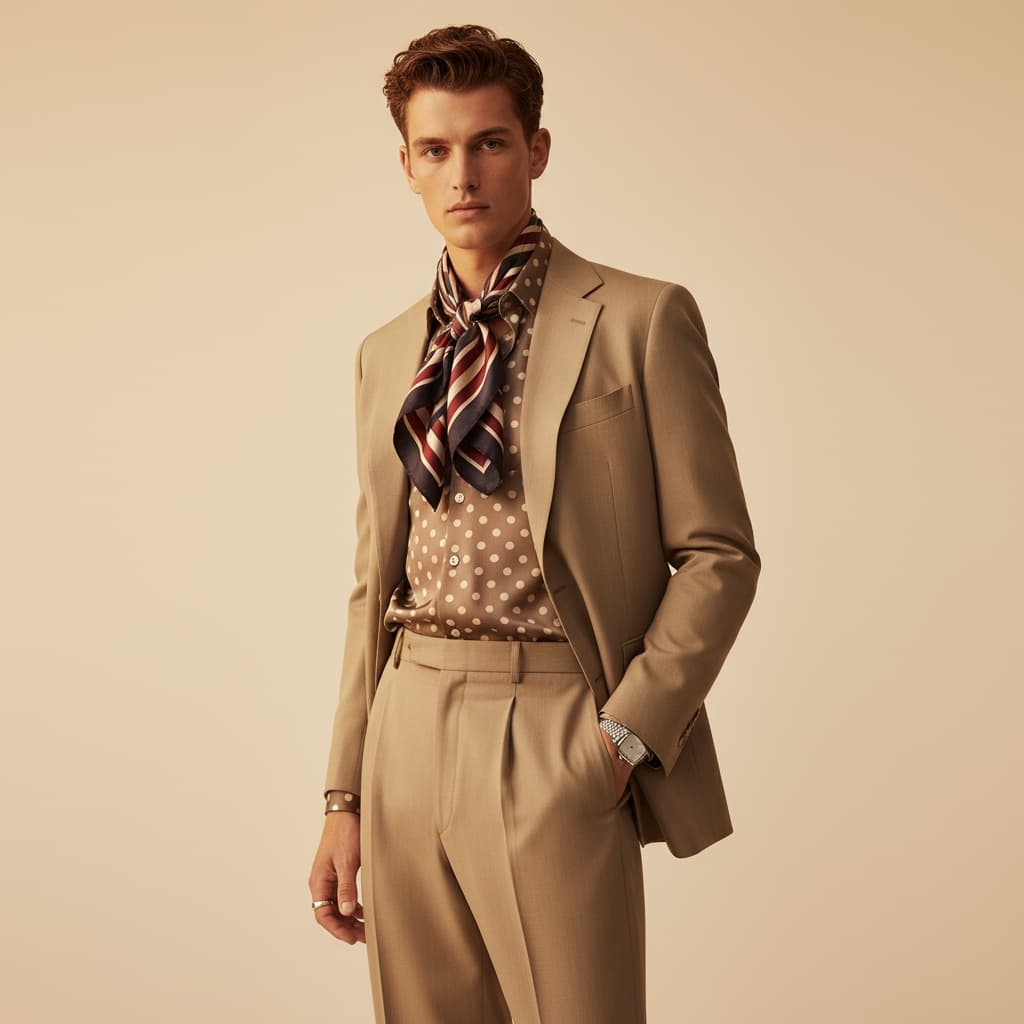 Taupe Polka-Dot Silk Shirt Paired With Beige High-Waisted Trousers, Accessorized With A Striped Silk Scarf And Matching Tailored Blazer