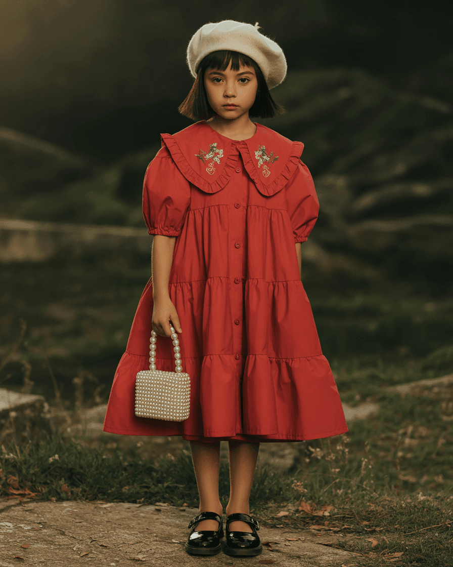 Tiered Red Ruffle Dress With Oversized Embroidered Collar, White Beret, Black Patent Shoes, And A Pearl-Handled Mini Bag