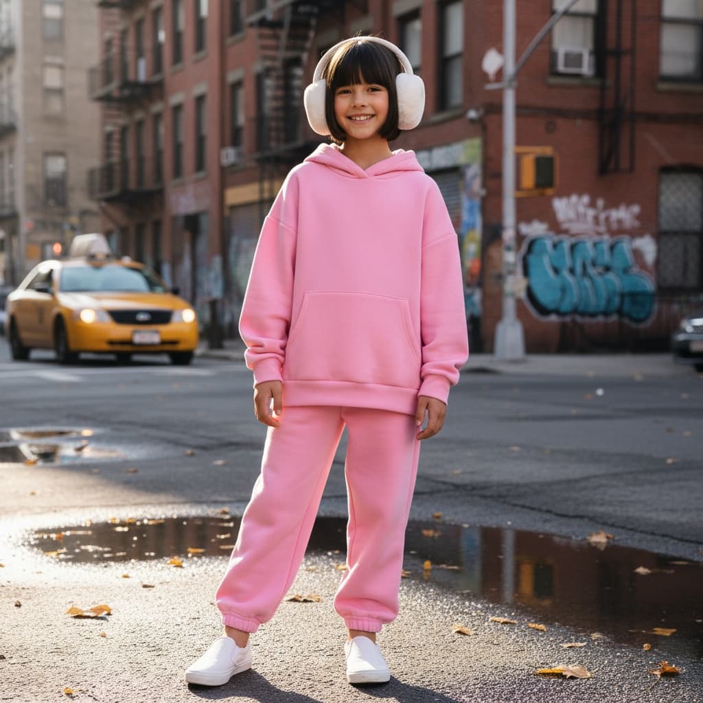 Bubblegum Pink Hoodie With Matching Loose Sweatpants, Styled With White Slip-On Shoes And Earmuff Headphones For A Cozy Look