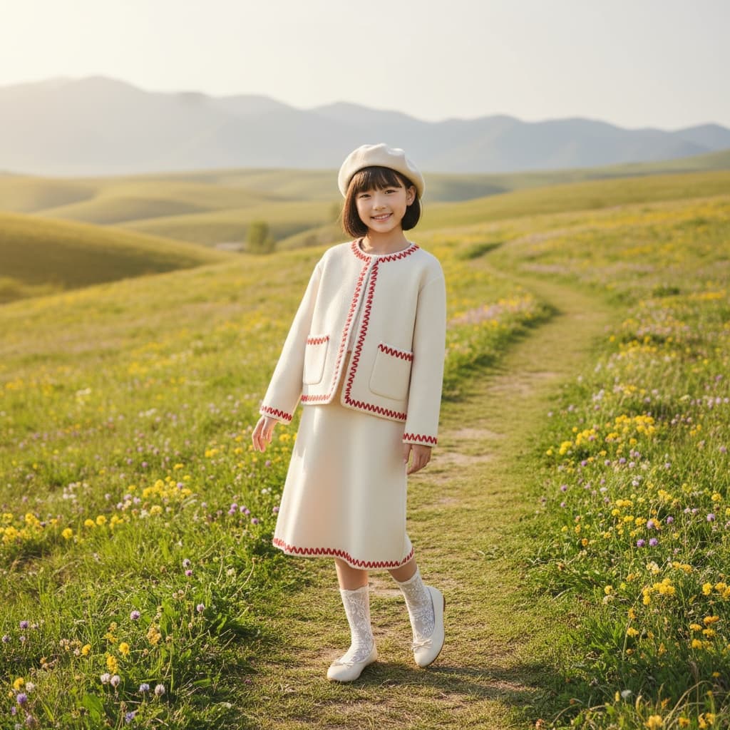 Cream Knit Coat Set Trimmed In Red Whipstitch, Midi Skirt, And Matching Beret, Styled With Lace Socks And Ivory Flats