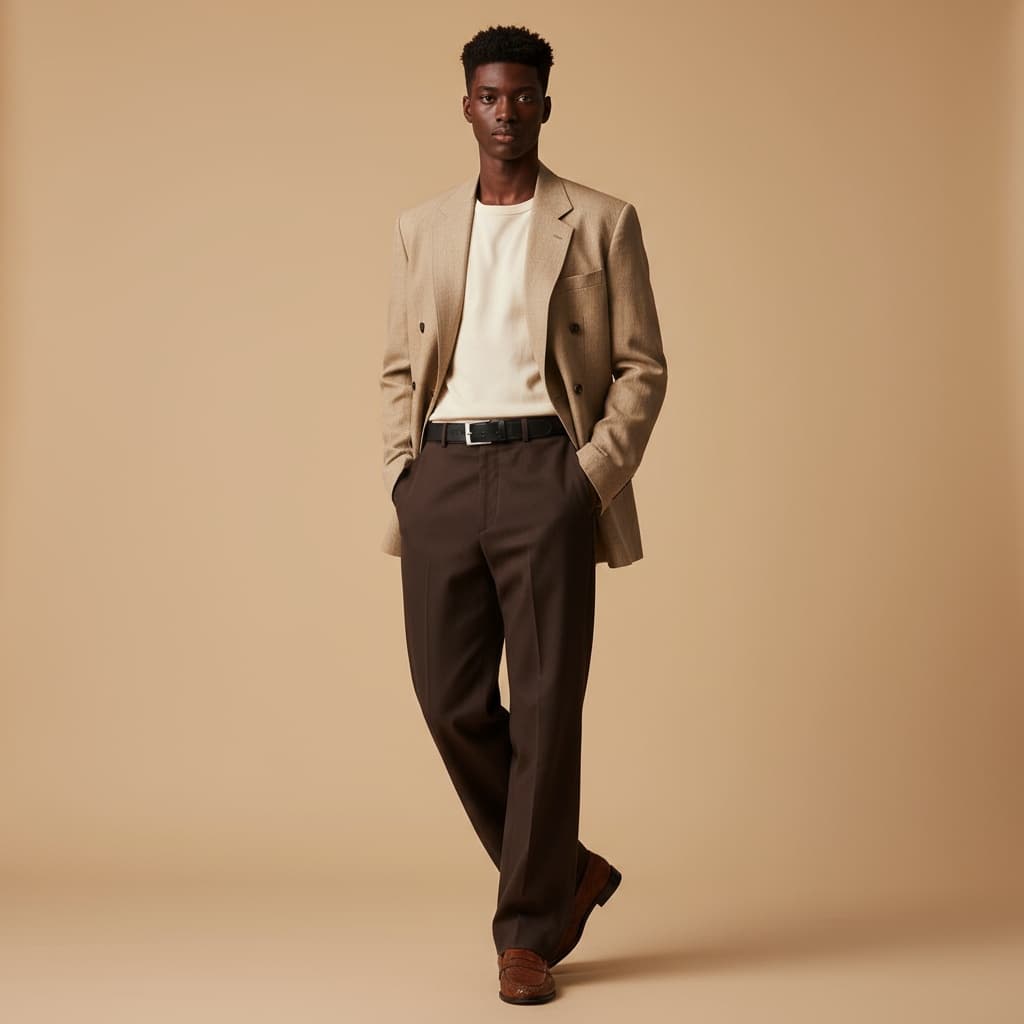 Beige Oversized Blazer Layered Over A Cream Shirt And Dark Brown Wide Trousers, Styled With A Black Belt And Brown Woven Leather Shoes
