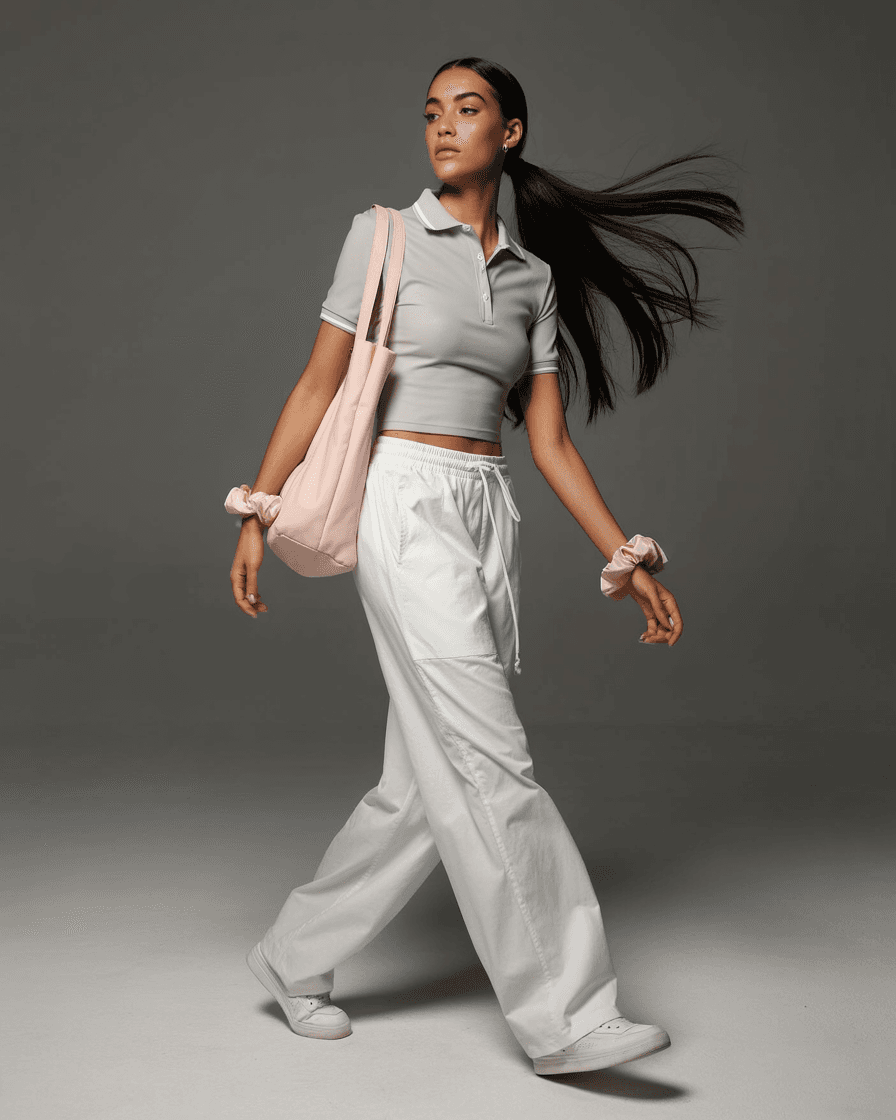 Light-Grey Fitted Polo Top Paired With Loose White Drawstring Pants And White Sneakers, Accessorized With A Pale Pink Shoulder Bag And Matching Scrunchie
