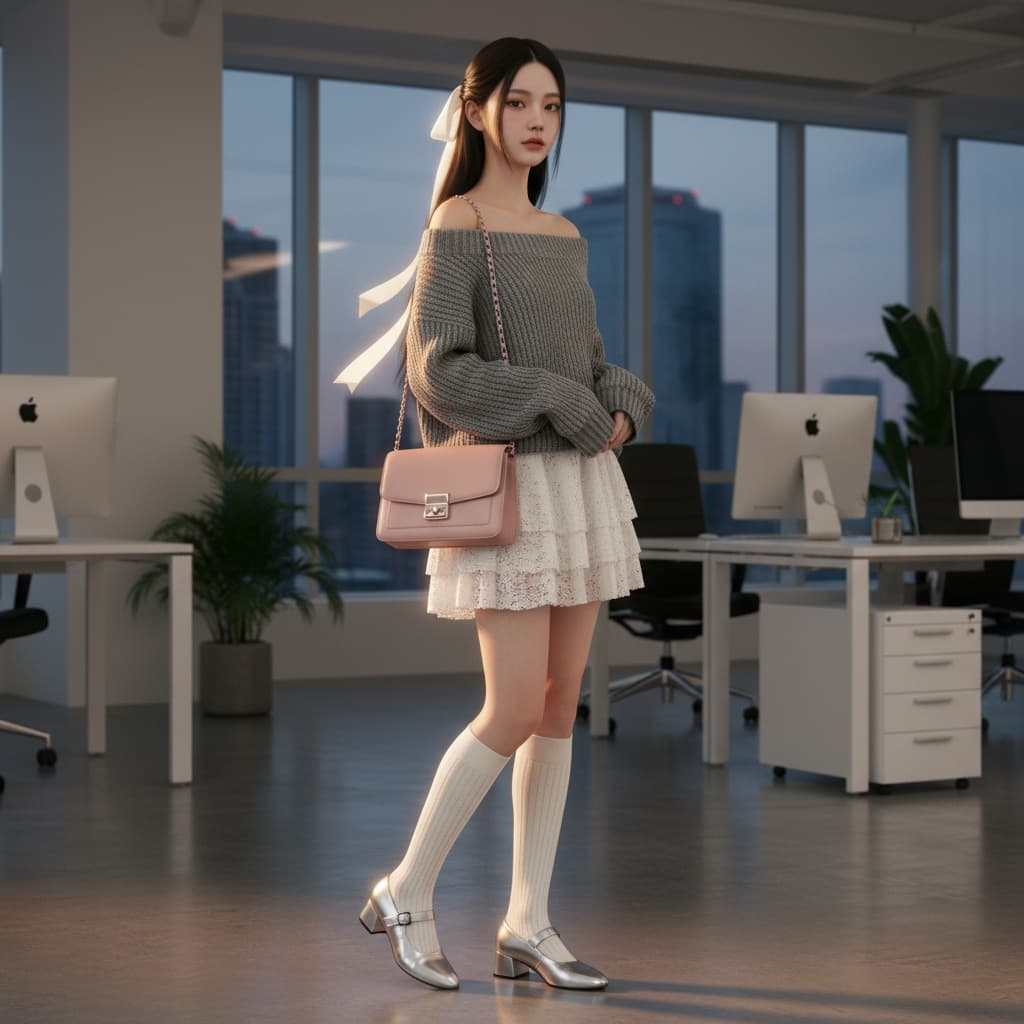 Off-Shoulder Grey Knit Top And Tiered White Lace Mini Skirt, Accessorized With A Blush Handbag, Knee-High Socks, And Metallic Mary Jane Shoes