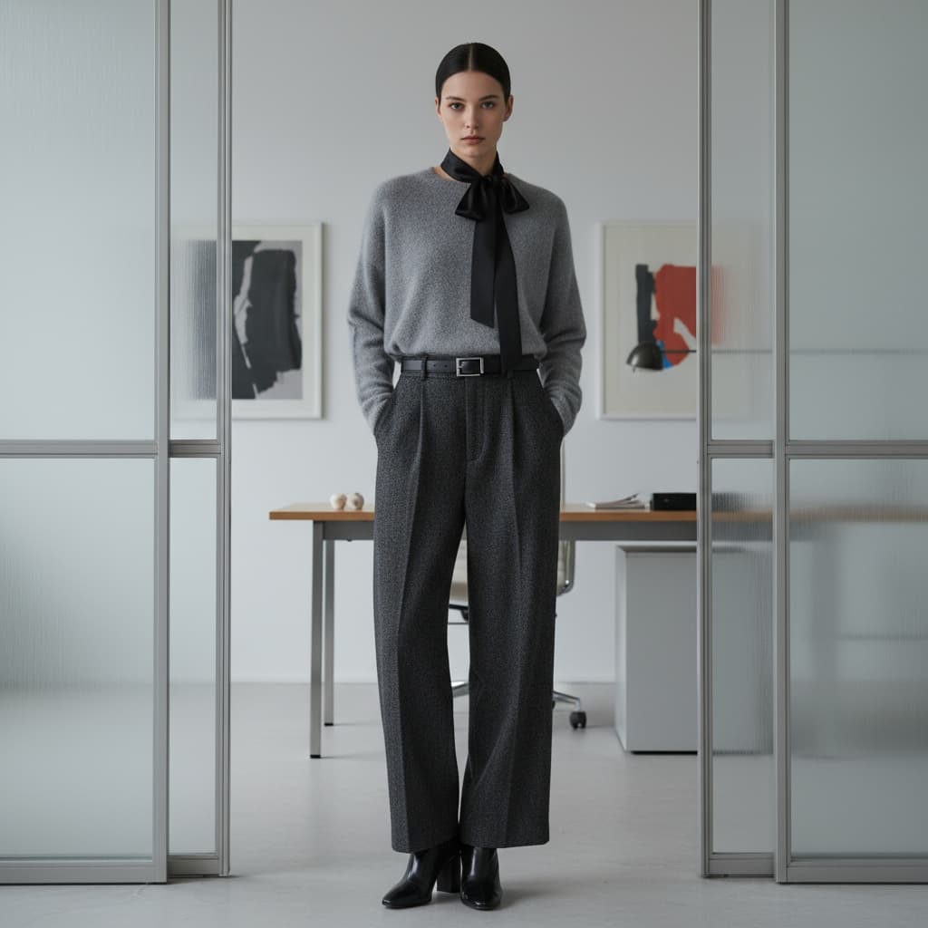 Soft Grey Mohair Sweater Paired With High-Waisted Wide Charcoal Trousers, Black Belt, And Black Heeled Boots, Accessorized With A Black Ribbon Neck Tie