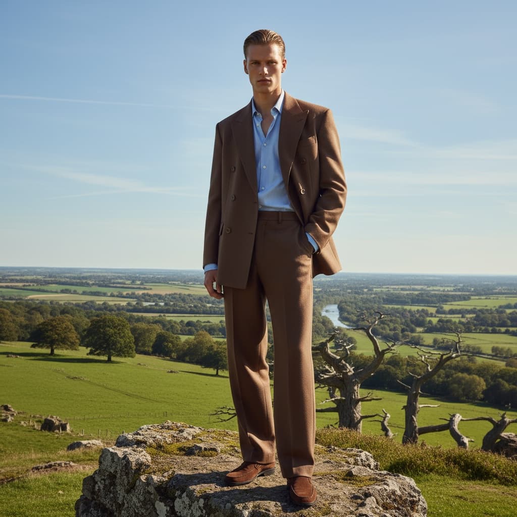 Brown Double-Breasted Oversized Suit With Soft Shoulders, Layered Over Light-Blue Shirt And Worn With Matching Wide-Leg Trousers And Brown Suede Shoes