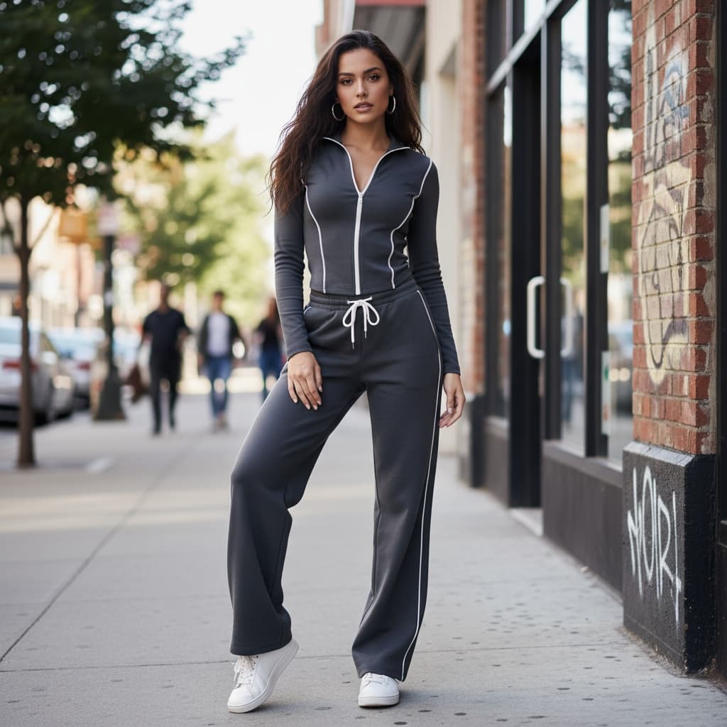 Grey Fitted Zip-Up Top With White Seam Piping, Matching Drawstring Wide Pants, Accessorized With Hoop Earrings And White Sneakers