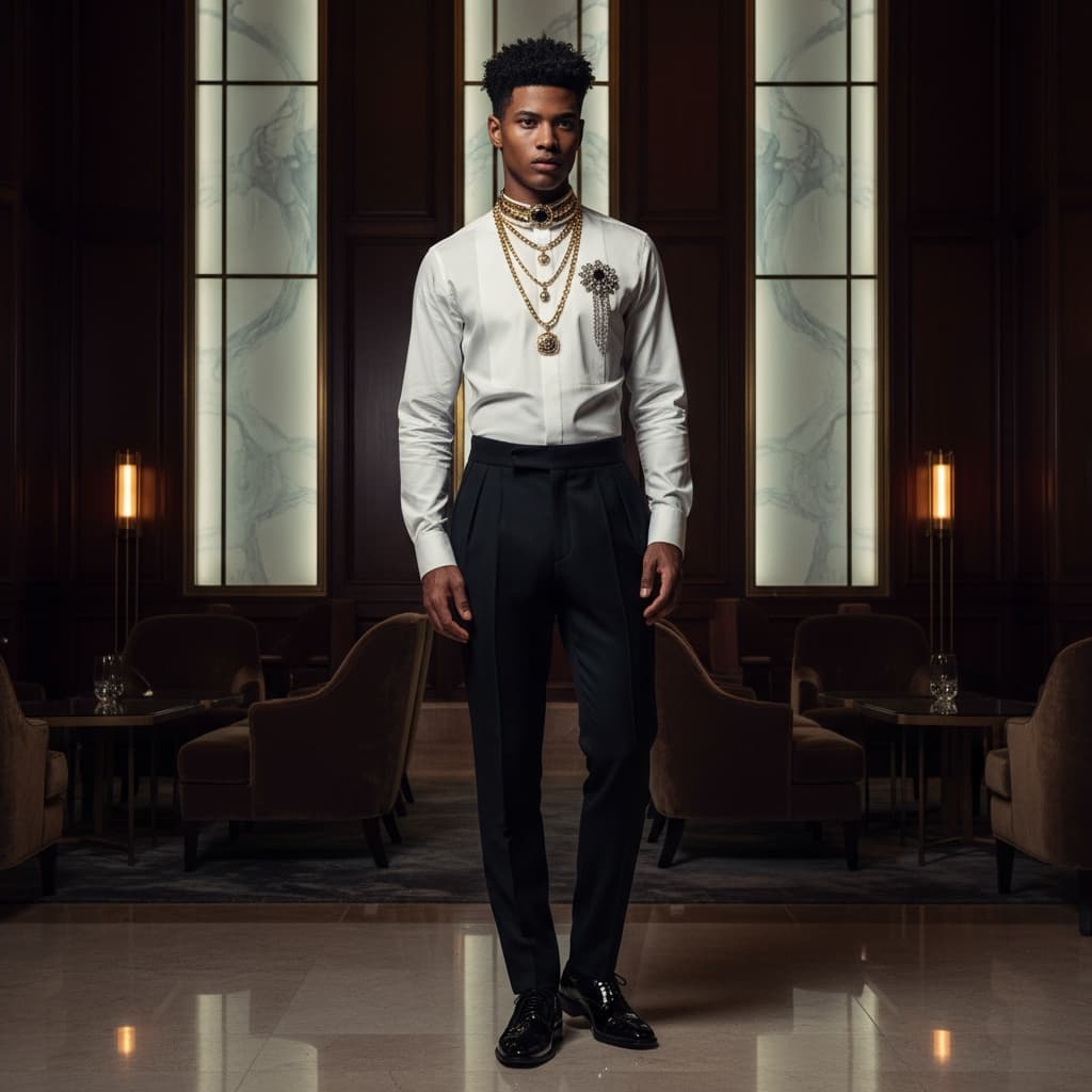 Black Formal Trousers With A Pleated Cummerbund, Paired With A White Dress Shirt Adorned By A Jeweled Brooch And Layered Gold Choker, Finished With Black Patent Shoes