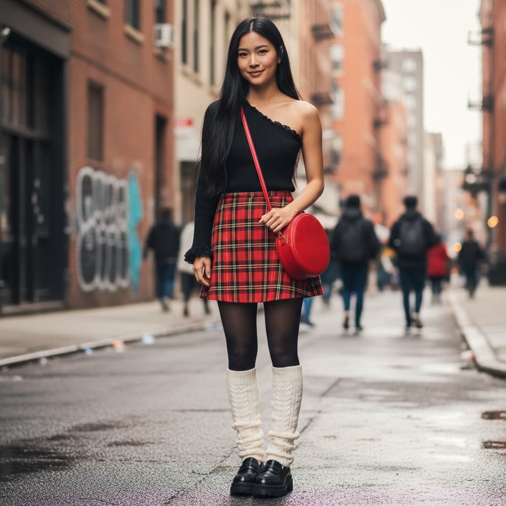 One-Shoulder Black Knit Top With Lace Cuff Trim And Red Plaid Mini Skirt, Styled With White Leg Warmers, Black Chunky Loafers, And A Red Round Bag