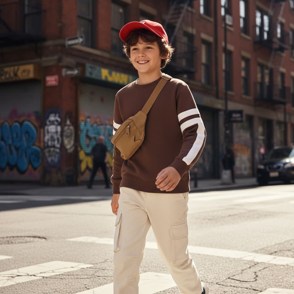 Brown Crewneck Sweatshirt With White Sleeve Stripes, Off-White Cargo Pants, Red Cap, And Tan Waist Pouch For A Sporty Casual Vibe