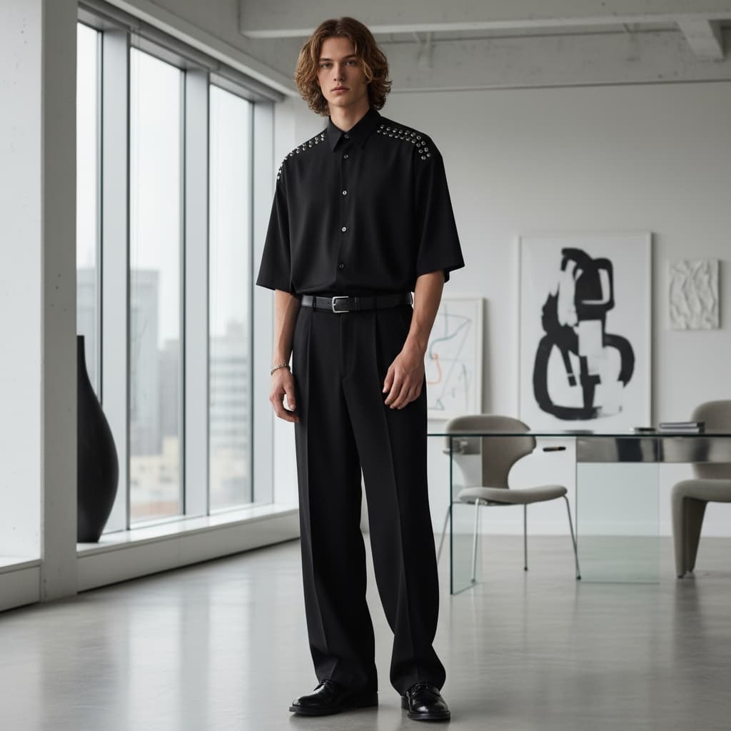Black Oversized Short-Sleeve Shirt With Silver Studs At Shoulders, Matched With Black Wide Trousers, Black Belt, And Glossy Leather Shoes For A Minimal Sleek Look