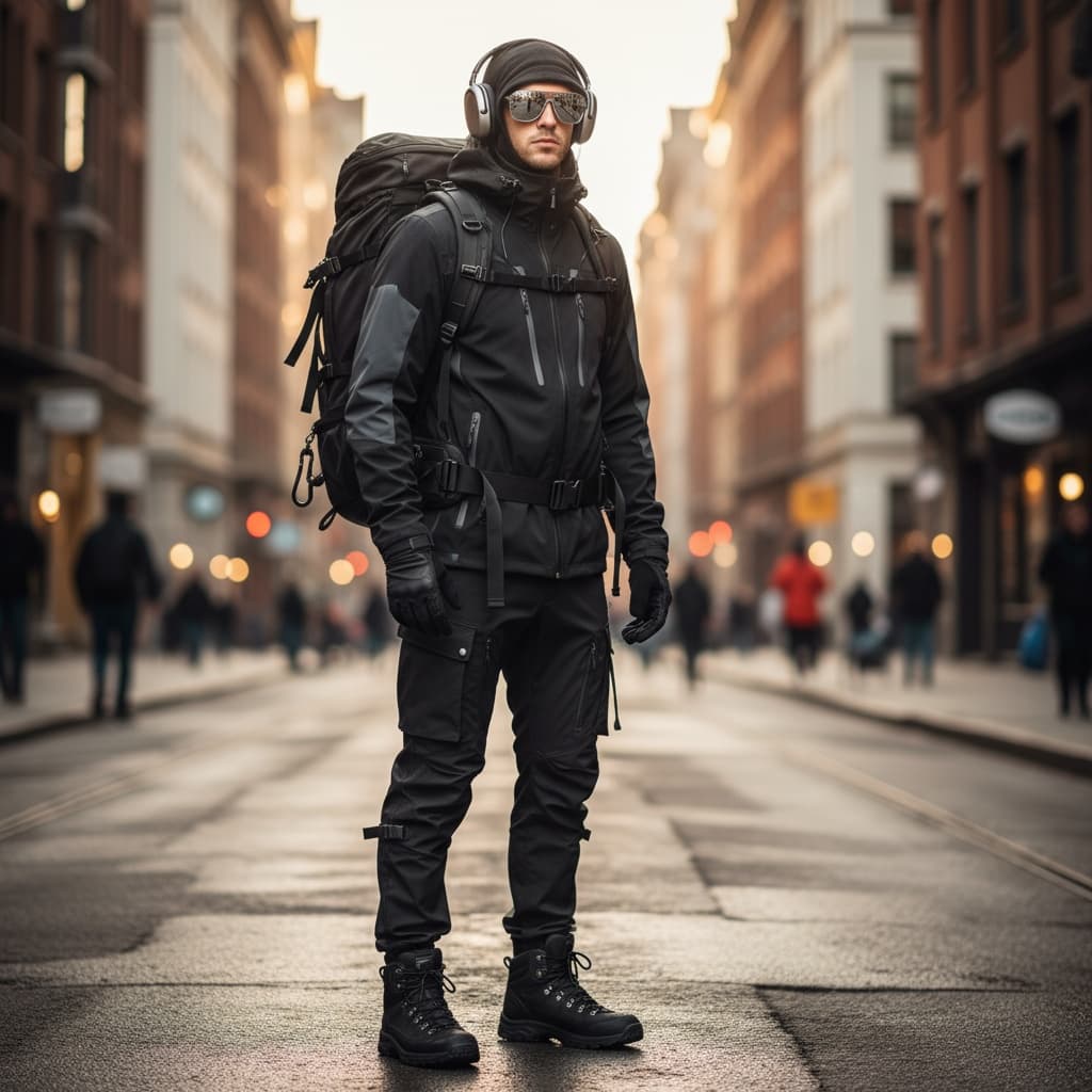 Black Hooded Waterproof Jacket With Grey Contrast Panels, Matching Cargo Pants, Gloves, And Hiking Backpack, Accessorized With Silver Sunglasses And Headphones