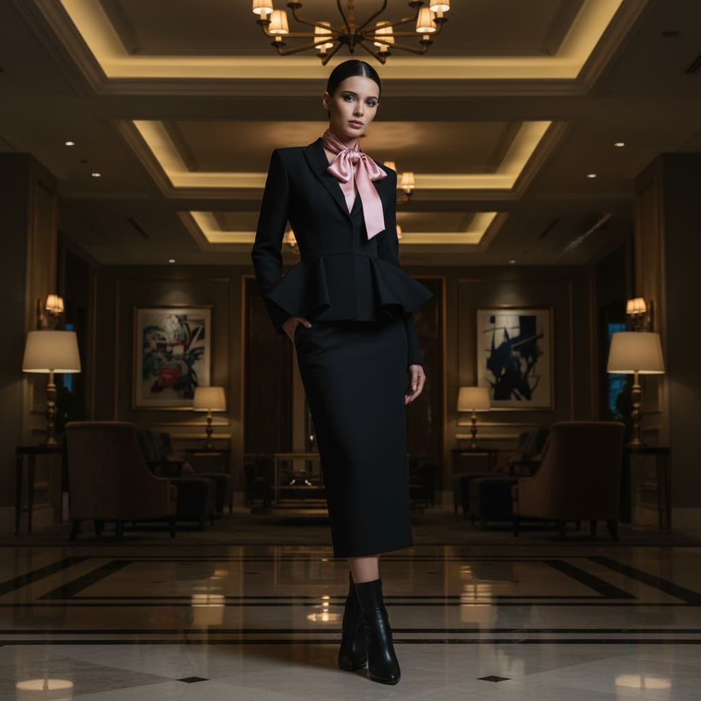 Black Tailored Jacket With Structured Waist And Flared Peplum, Worn Over A Matching Midi Skirt, Pink Satin Neck Bow, And Black Leather Boots