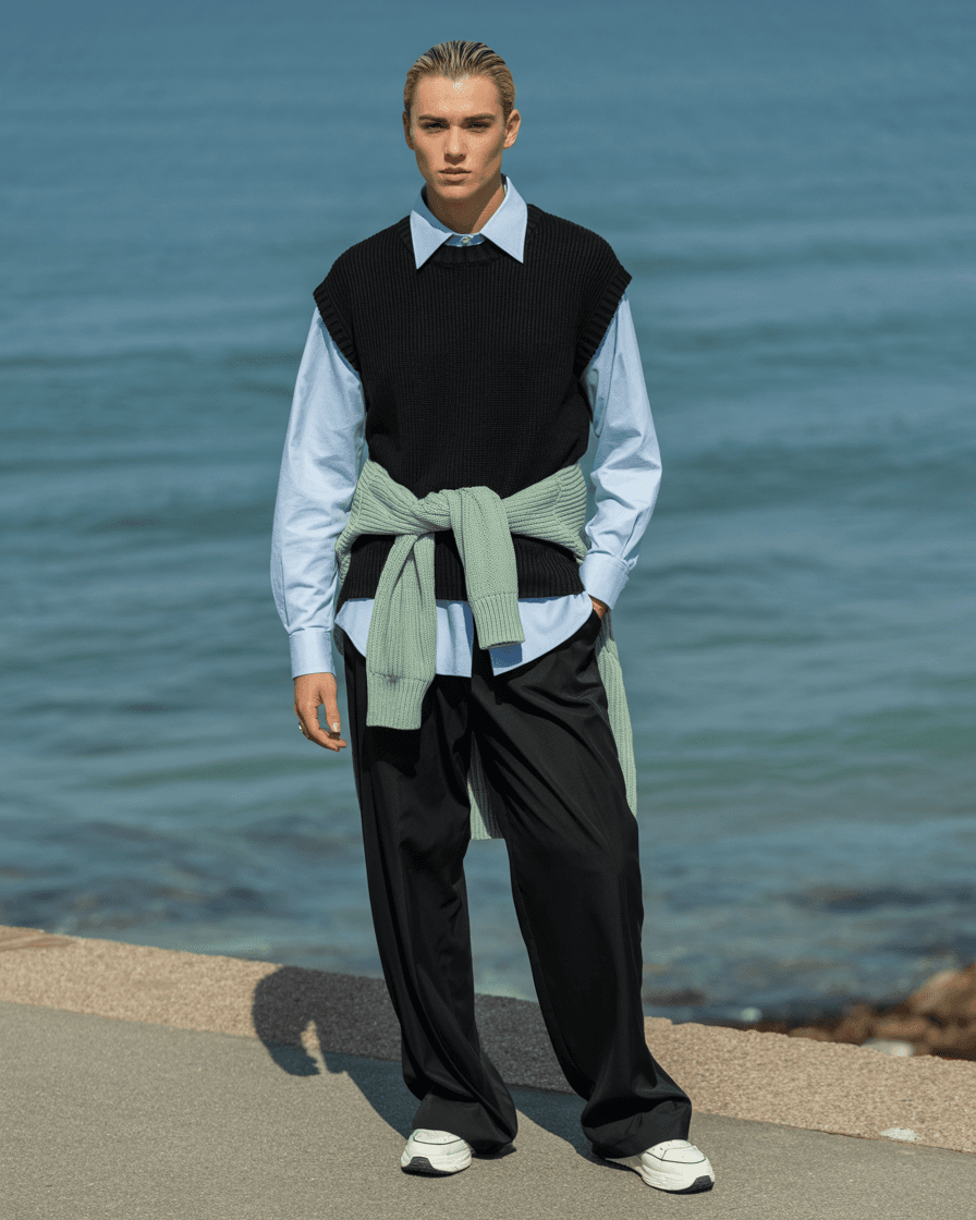 Light-Blue Collared Shirt Layered With Black Sleeveless Sweater And Mint Knit Tied At The Waist, Worn With Black Wide Trousers And White Sneakers
