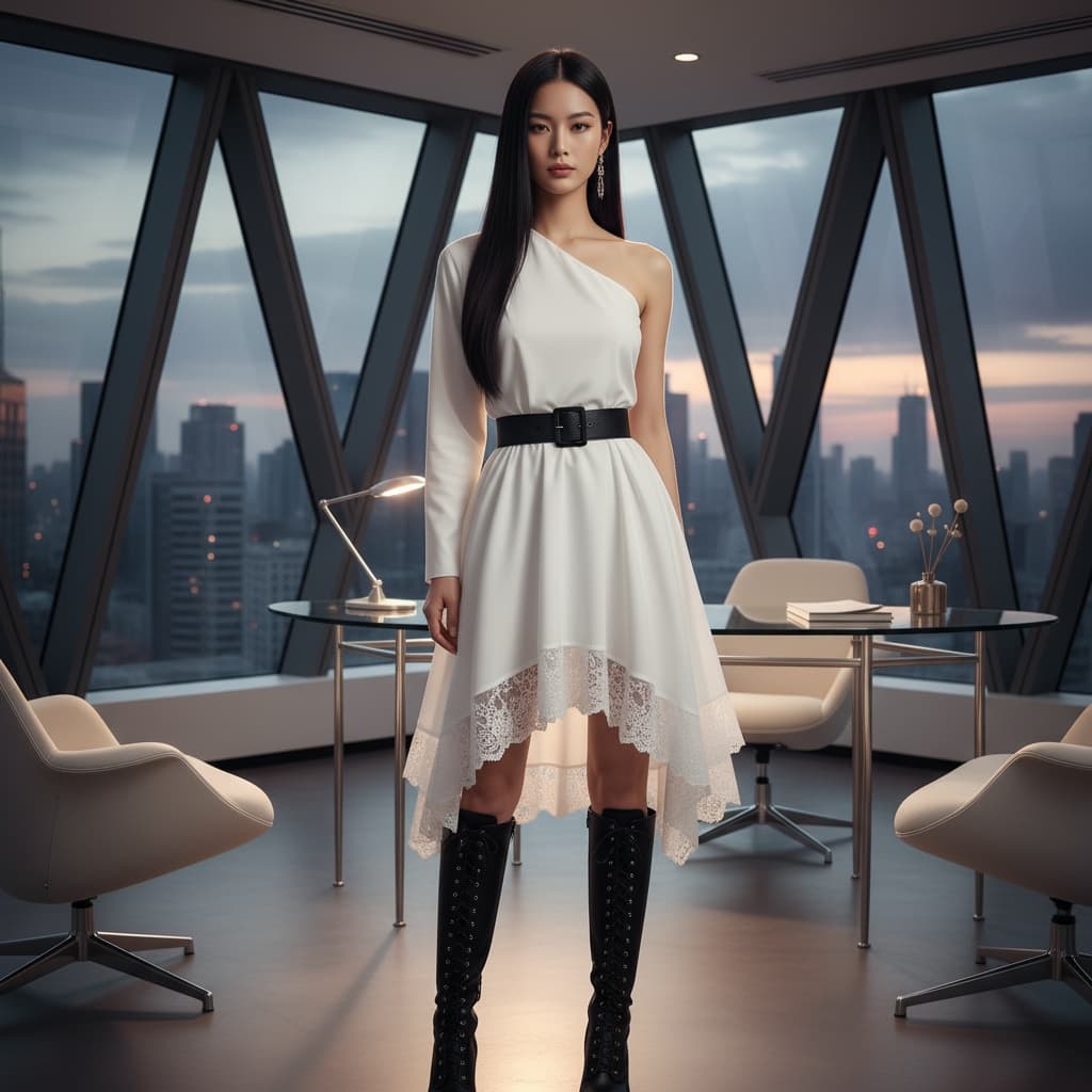 White Asymmetrical One-Shoulder Top And Handkerchief-Hem Skirt With Lace Inserts, Cinched By A Black Belt And Finished With Tall Lace-Up Black Boots