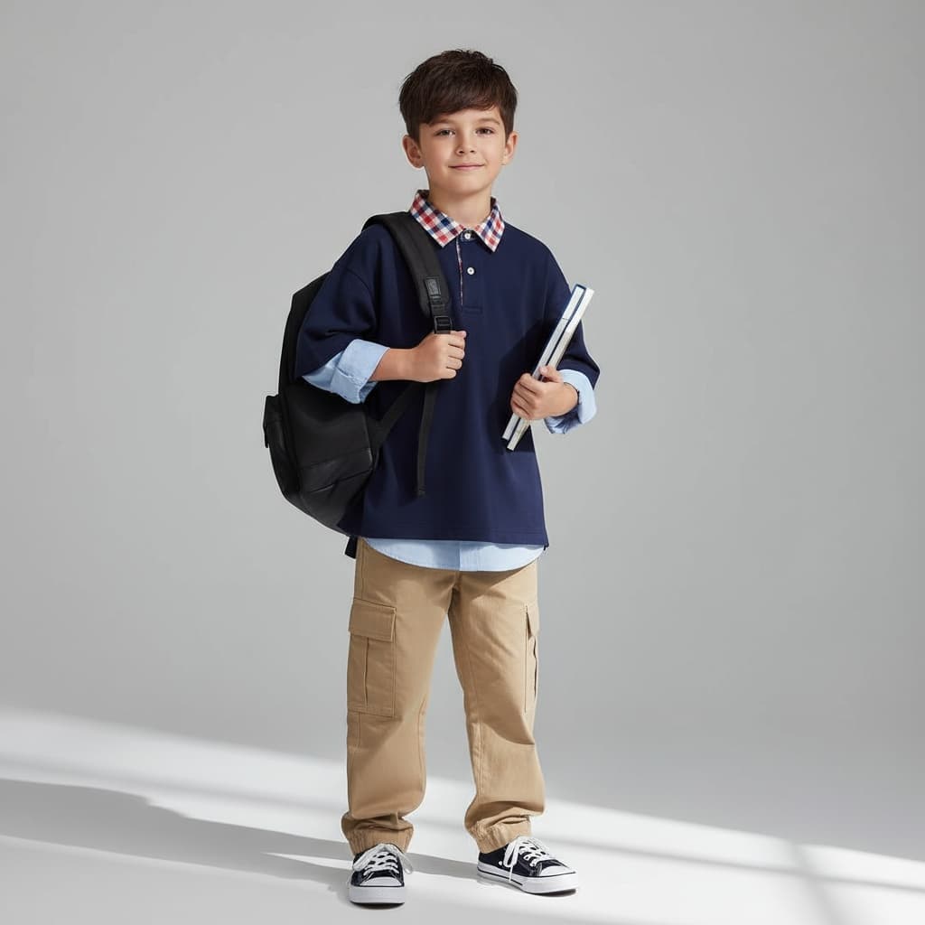 Navy Oversized Polo With Checked Collar Layered Over A Blue Shirt, Paired With Beige Cargo Pants And A Black Backpack For A Casual Academic Style