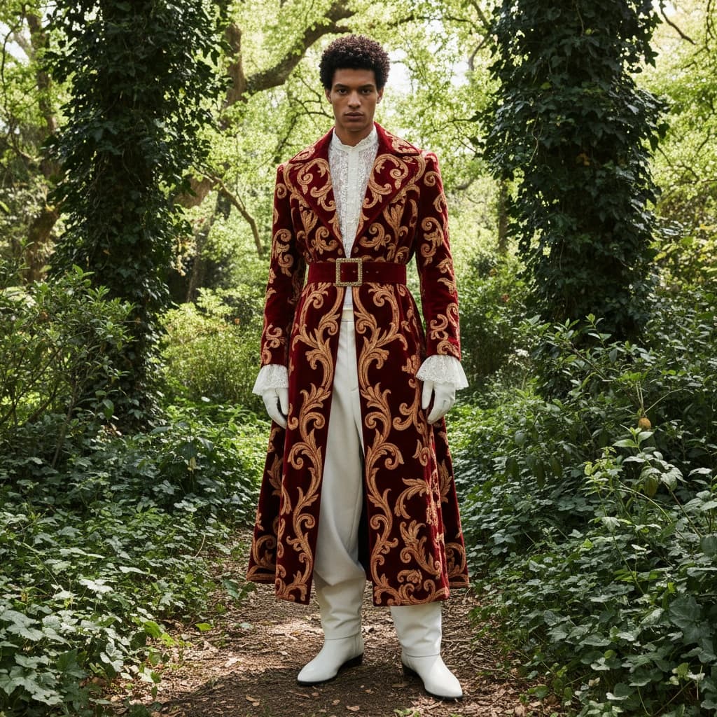 Floor-Length Red Velvet Coat Embroidered With Gold Baroque Floral Patterns, Belted Waist, And White Gloves, Layered Over Lace Shirt And White Trousers