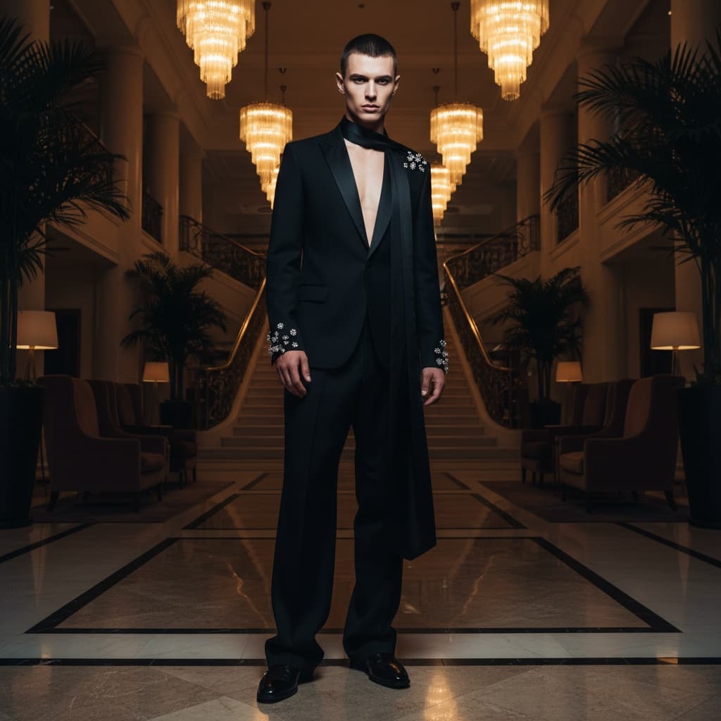 Black Tailored Suit With A Deep V Neckline, Satin Lapel Scarf, And Crystal Brooch Details, Matched With Wide-Leg Trousers And Glossy Black Shoes