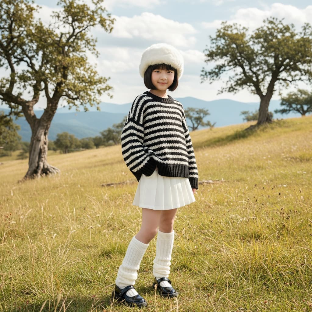 Monochrome Black-And-White Outfit With Knit Top, Pleated Skirt, And White Fur Hat, Styled With White Leg Warmers And Patent Shoes