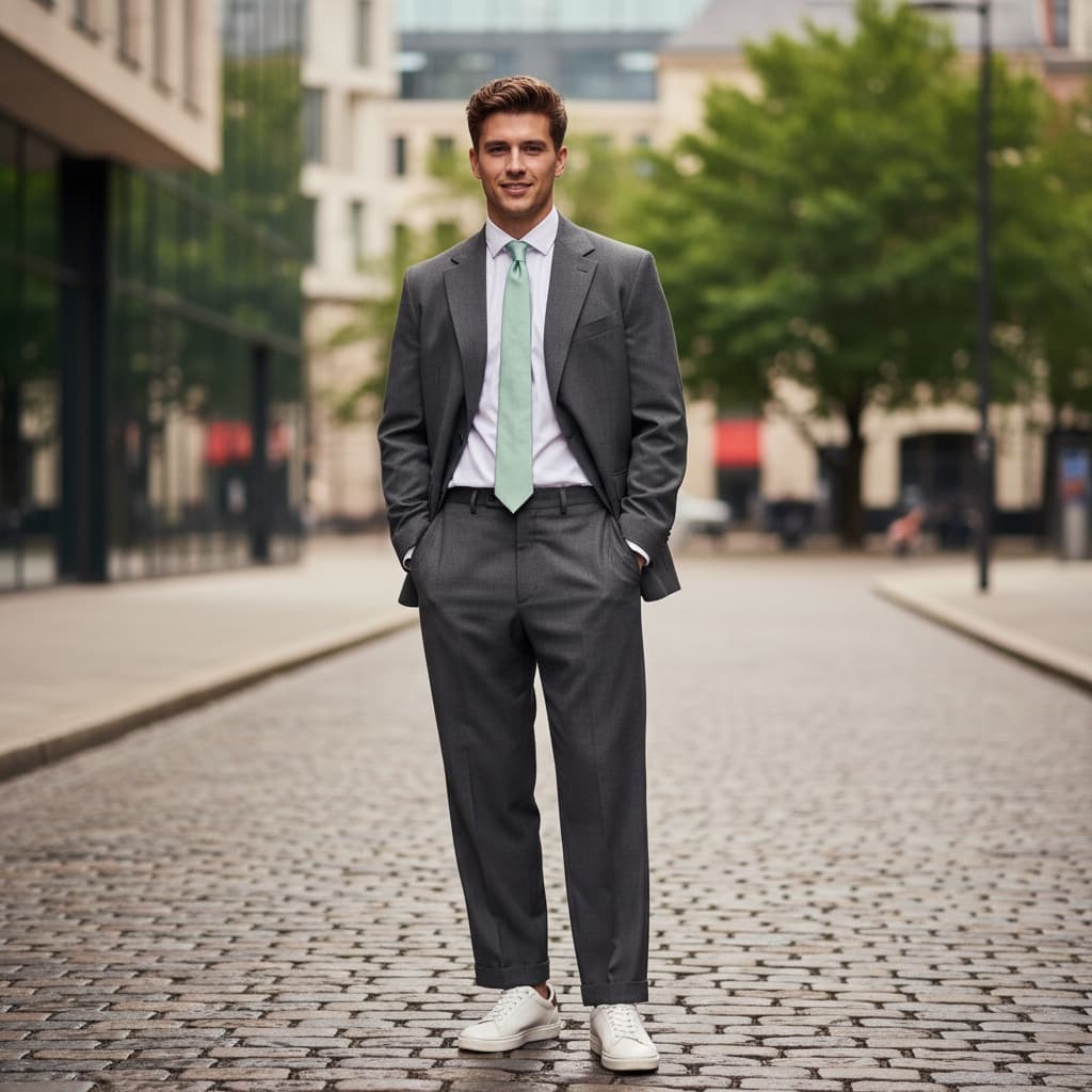 Charcoal Grey Tailored Suit With A Light Mint Tie And Crisp White Shirt, Featuring Relaxed Proportions And A Minimalist Contemporary Styling