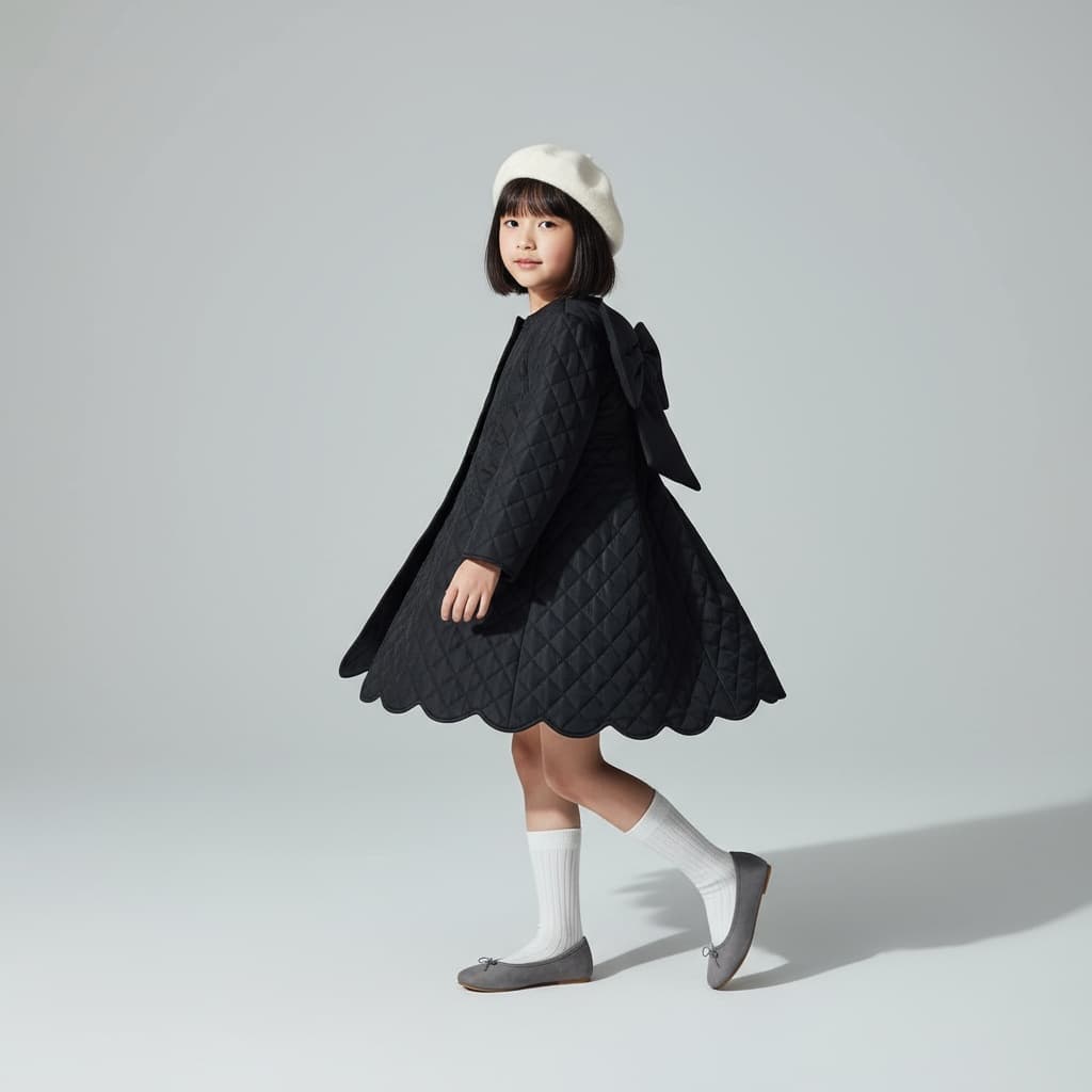 Quilted Black Coat With Scalloped Hem, Oversized Bow Detail, White Beret, And Ankle Socks Paired With Grey Flats