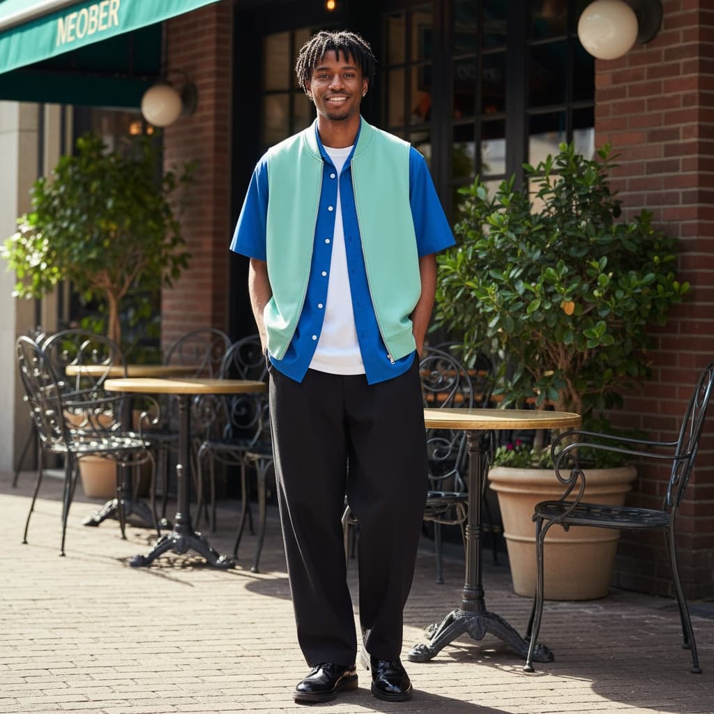 Mint-Green Zip Vest Layered Over Blue Short-Sleeve Shirt And White Undershirt, Styled With Wide Black Trousers And Polished Black Shoes For A Layered Casual Look