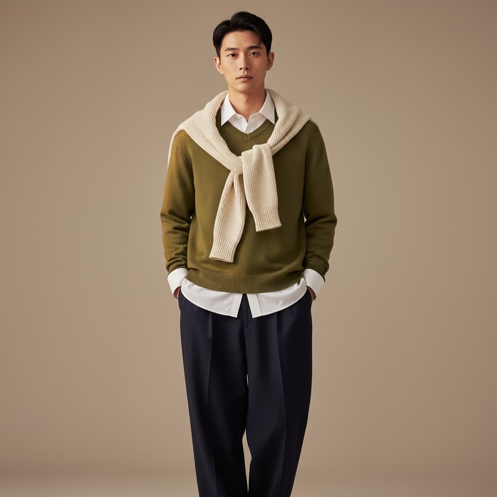 Olive V-Neck Sweater Layered Over A White Shirt, Paired With Dark Navy Wide Trousers, And Another Knit Casually Draped Across The Shoulders