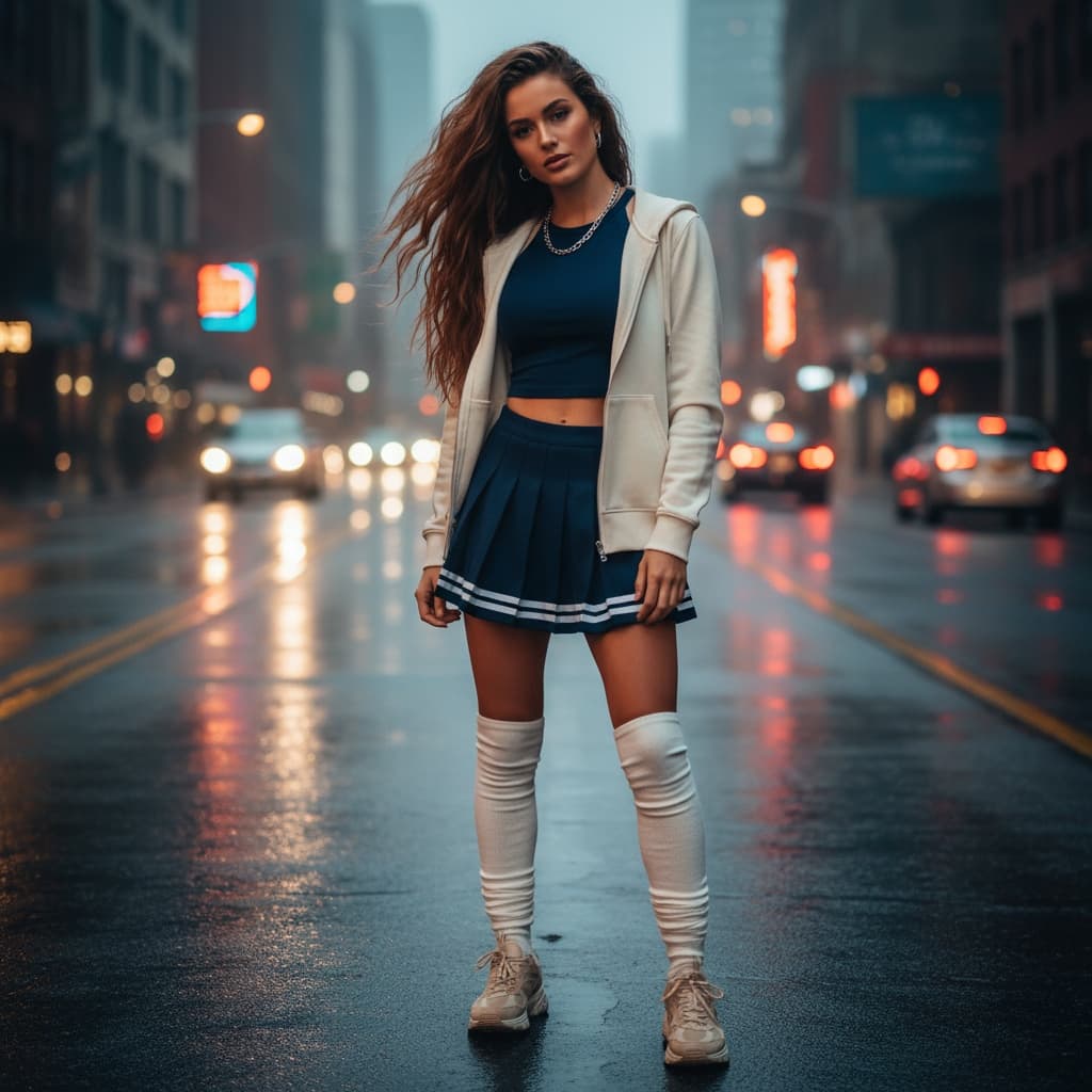 Cream Hooded Zip Jacket Layered Over Navy Crop Top And Pleated Mini Skirt, Styled With White Socks And Beige Running Shoes