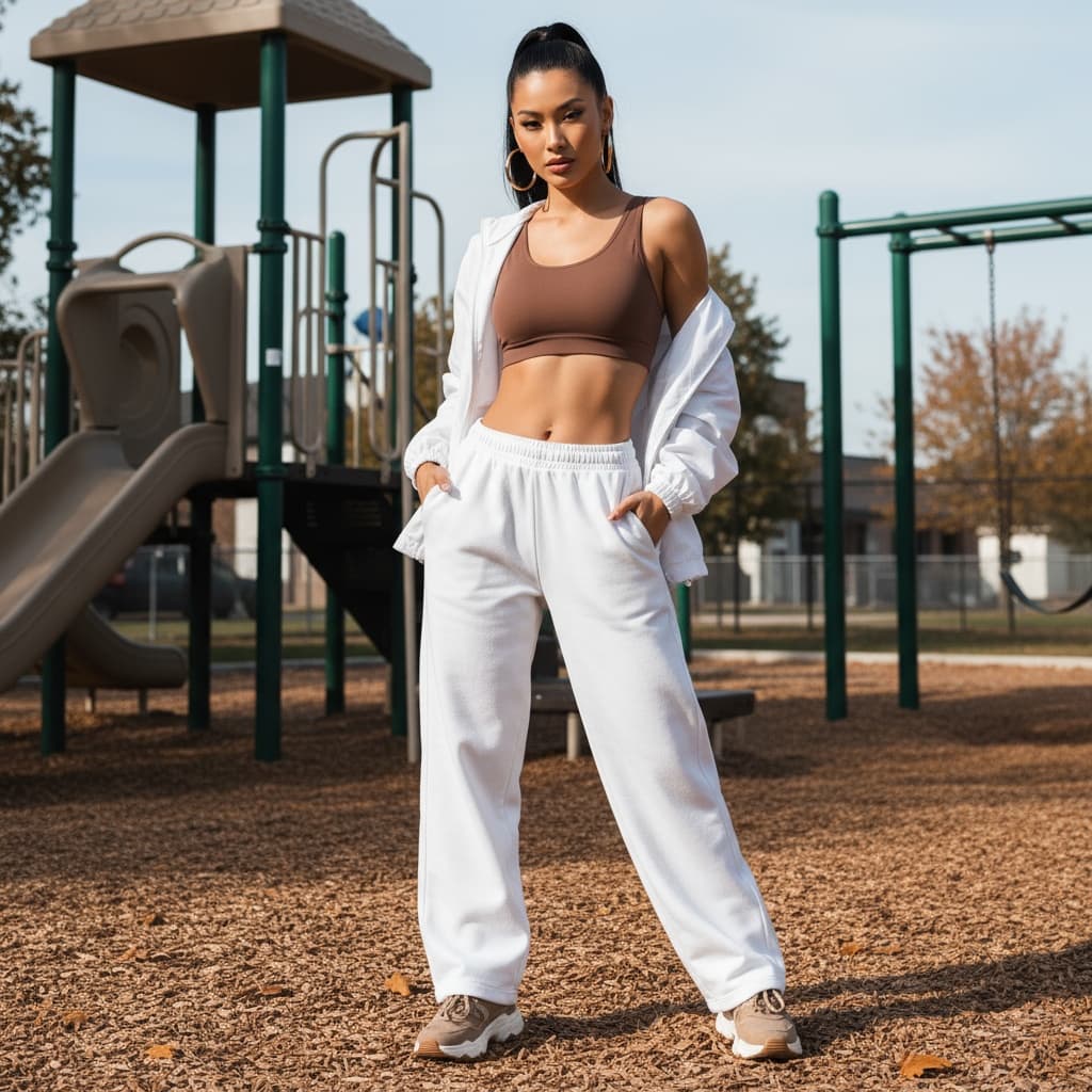 Brown Sports Bra Paired With White Wide-Leg Sweatpants And White Windbreaker, Accessorized With Gold Hoops And Taupe Sneakers