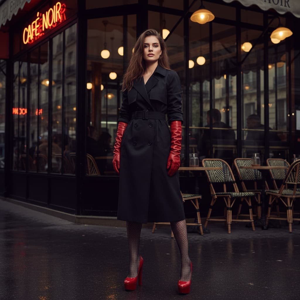 Black Belted Trench Coat Dress With Rolled Sleeves, Paired With Red Gloves, Fishnet Tights, And Red Platform Heels