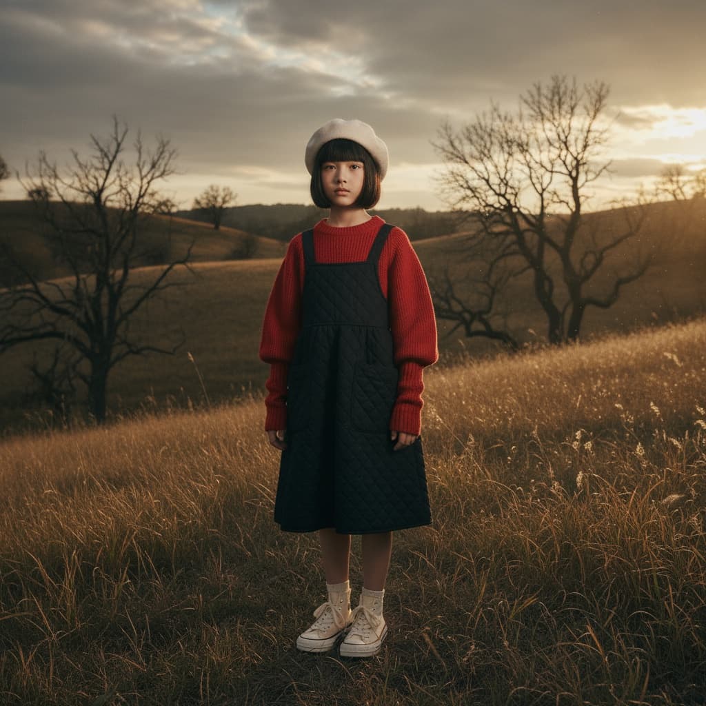Red Puff-Sleeve Sweater Layered Under Black Quilted Pinafore Dress, Accessorized With Red Arm Warmers, White Beret, And Cream Sneakers