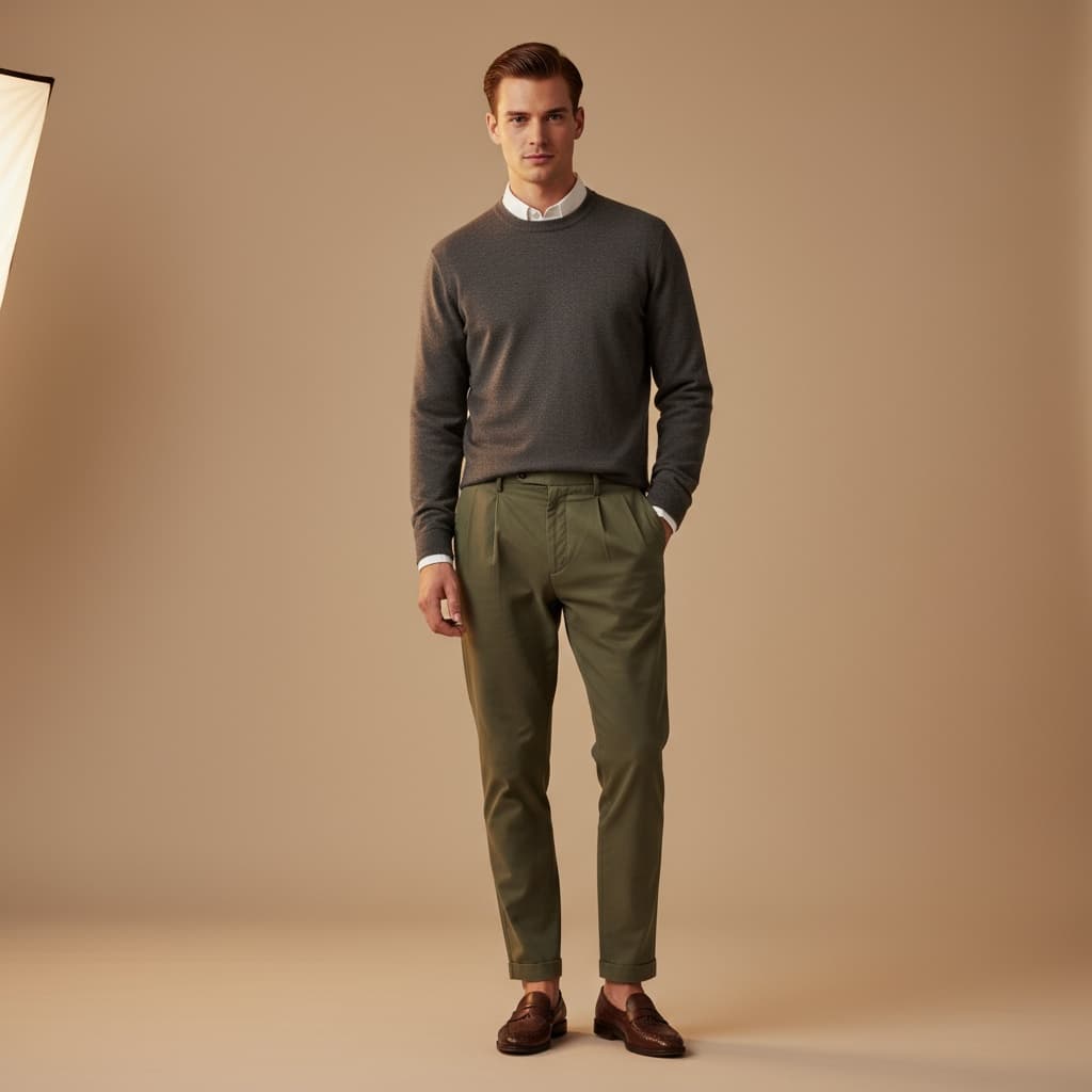 Dark Crewneck Sweater Over A White Shirt, Styled With High-Waisted Pleated Trousers And Dark Leather Woven Shoes For A Classic Minimal Look