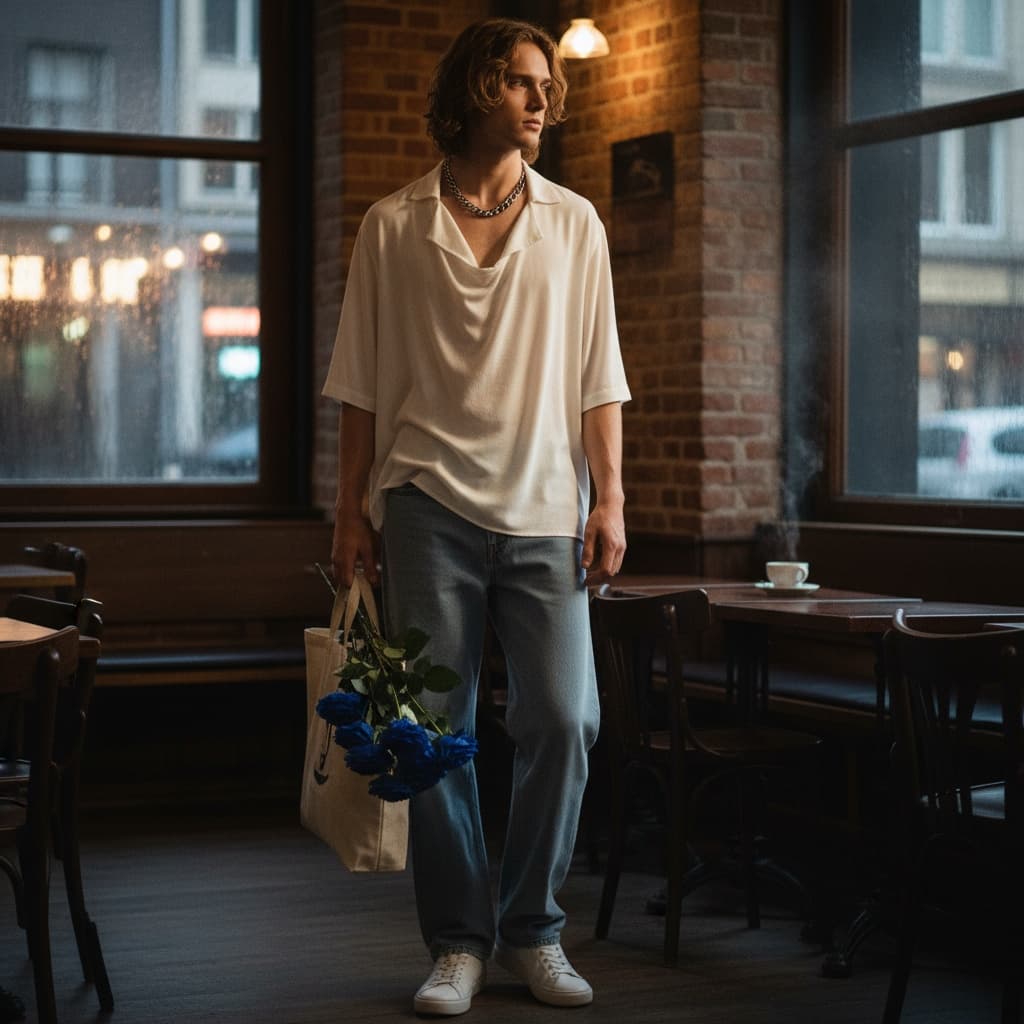 Off-White Relaxed Short-Sleeve Shirt With Soft Draped Collar, Paired With Light Blue Wide-Leg Jeans And White Sneakers, Styled With A Silver Necklace And Tote Holding Blue Roses