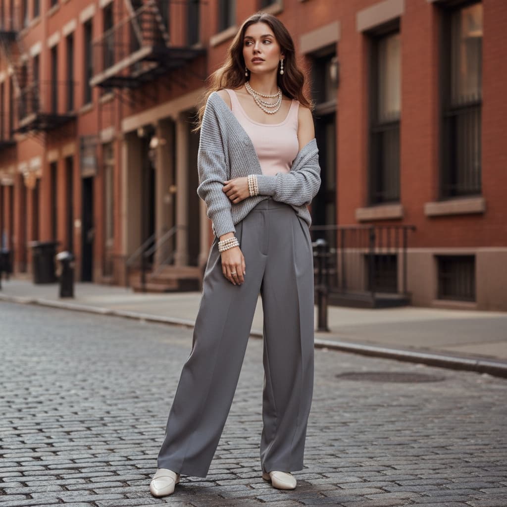 Grey Off-Shoulder Cardigan Over Pink Ribbed Tank, Paired With Grey Wide Trousers, Pearl Accessories, And Cream Pointed Loafers